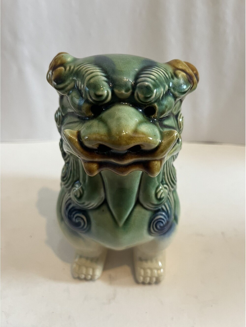 Vintage Glazed Ceramic Chinese Sitting Foo Dog Guardian Lion 7" Green Blue Brown